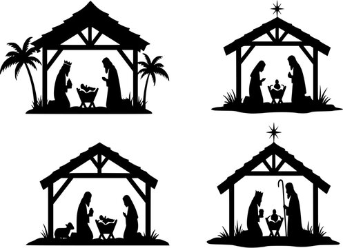 Set of four silhouetted nativity scenes for Christmas showing Joseph and Mary, Wise men and angels at the crib of the Christ child, black and white vector illustration