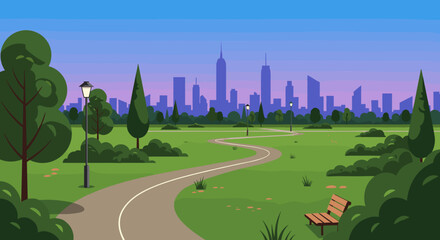 Relaxing stroll path through urban park with city skyline in background nature scene daytime panoramic view. Vector illustration
