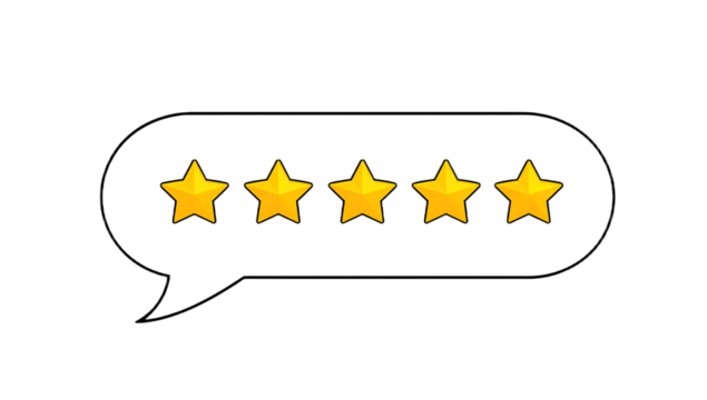 Five gold stars inside a speech bubble, representing excellent customer rating, premium quality feedback, and top-tier service evaluation.