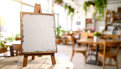 Blank Wooden Easel on Rustic Table in Charming Bright Café with Greenery and Wooden Furniture