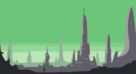 Futuristic cityscape unknown planet digital art alien environment wide view sci-fi concept. Vector illustration