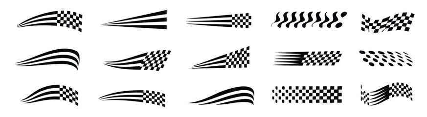 Race flags and dynamic motion lines, racing stripe speed, checkered flag
