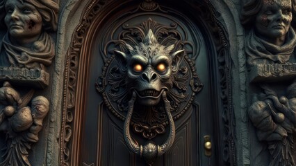 Ornate gothic door with gargoyle knocker