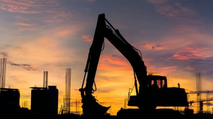 Excavator silhouette against vibrant sunset sky, construction site softly blurred in background.