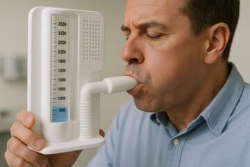 Medical professional administering pulmonary function test using spirometer to assess respiratory health and diagnose breathing disorders