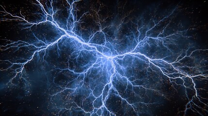 Neon blue and white fractal electricity branching through cosmic void, symbolizing natural energy.