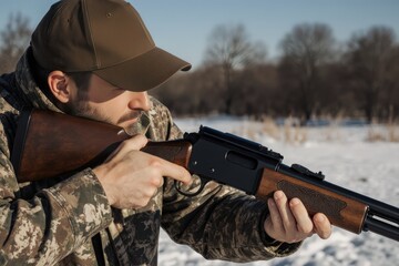 Fototapeta premium Hunters preparing rifles on winter ranch