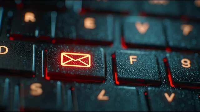 Close up of Illuminated Keyboard With Email Icon Highlighting Communication Technology at Night