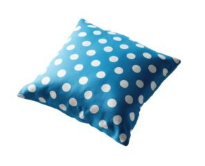 Square, teal-blue pillow with white polka dots