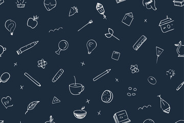 A seamless vector pattern with hand-drawn music and school icons, a set of doodle illustrations on a black blackboard background