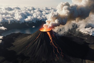 Aerial view of  Volcano during eruption, Iceland.