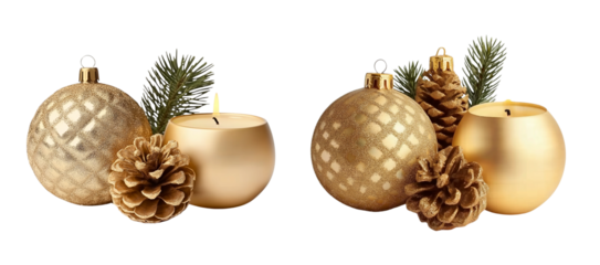 Christmas balls with candle, Christmas shiny baubles ornaments on transparent background, cutout