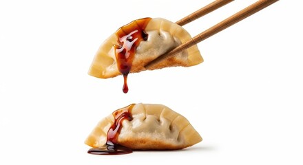 Gyoza dumplings with sauce, isolated on white background