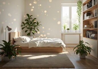 A peaceful Scandinavian bedroom interior featuring a cozy bed and lush houseplants bathed in soft morning sunlight, creating a tranquil sanctuary at home.