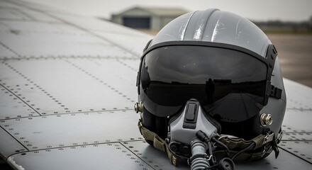Worn Pilot Helmet with Visor Reflection on a Riveted Jet Wing.