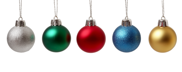 Christmas balls hanging with a string, Christmas shiny baubles ornaments on transparent background, cutout