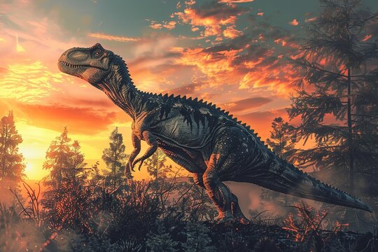 Prehistoric creature or dinosaur in the wild nature. Realistic style drawing.