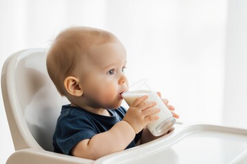 Baby boy drinking milk in high chair