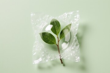 Green branch in bubble wrap