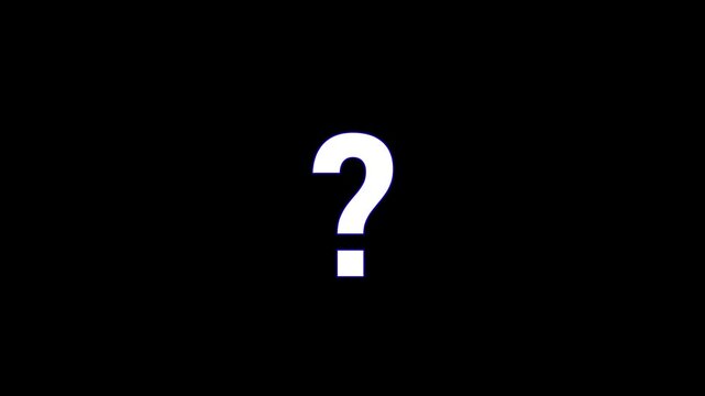 Large white question mark with a thin blue outline centered on a solid black background