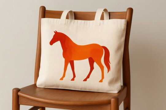 Cream colored tote bag featuring minimalist orange horse graphic, placed on a wooden chair against a neutral background