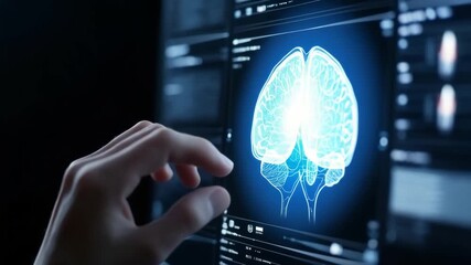 Woman analyzing brain scan on digital screen in medical research environment - Powered by Adobe