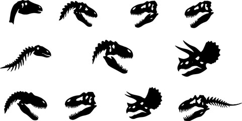 Fossil dinosaur silhouette infographics. Dino teeth skull. Bone skeleton print graphic set. Dead ancient predator art. Dinosaur Diplodocus Velociraptor Stegosaurus Triceratops Allosaurus Tyrannosaurus