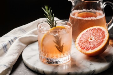 glass of grapefruit cocktail on a marble tray with rosemary and grapefruit slices, pitcher and mousseline napkin