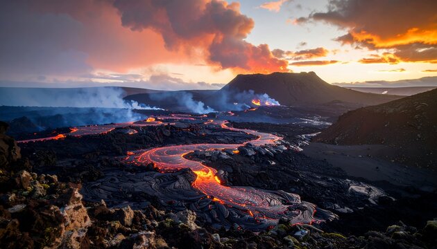 Dramatic volcanic eruption with a glowing lava river under a fiery sky