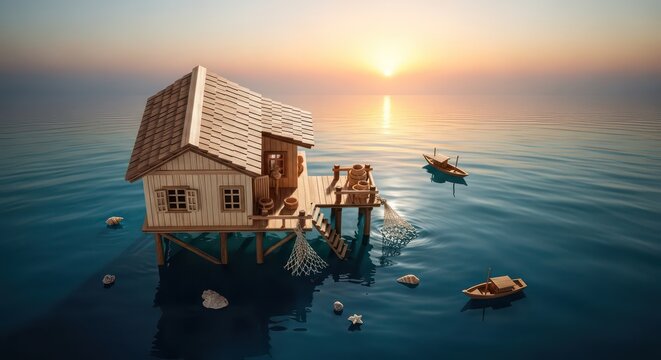 Miniature Wooden Stilt House Adrift in a Serene Sunset Sea - Powered by Adobe