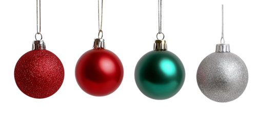 Christmas balls hanging with a string, Christmas shiny baubles ornaments on transparent background, cutout