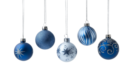 Christmas balls hanging with a string, Christmas shiny baubles ornaments on transparent background, cutout