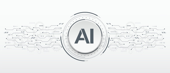 Abstract AI on circuit board with electronic elements. Artificial intelligence technology concept. HUD frame and circuit board. Deep learning, innovation, and engineering concepts. Vector illustration