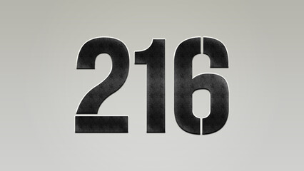 3D Bold metal number 216 on silver background.