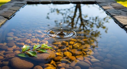 Water drop creating ripples in clear water over smooth river stones splash impact