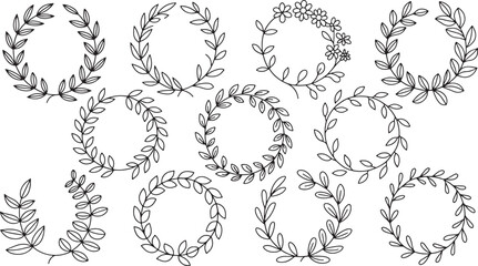 Elegant Hand-Drawn Laurel Wreath Collection Vector Illustration Set on Plain Background