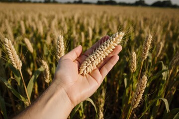 Hand holding rice ears in a field, close up