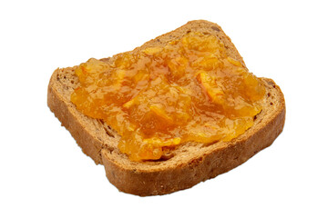 Slice of bread spread with orange marmalade isolated
