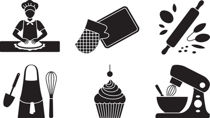 Culinary Delights A Black and White Vector Illustration of Baking and Cooking Equipment