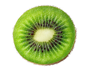 Close-up of a vibrant green kiwi slice.  A perfectly round slice shows the  juicy interior and many tiny black seeds
