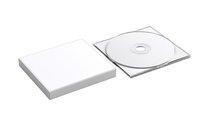 Blank white CD case and disc.  Empty,  digital media,  packaging,  3D render,  isometric view,  open case,  protected storage,  portable format, ready for content