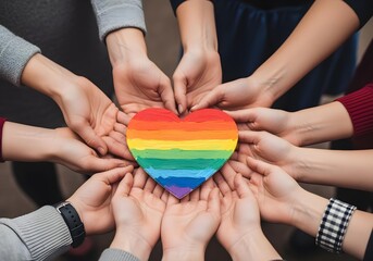 Diverse hands holding textured rainbow heart symbol promoting autism awareness month neurodiversity inclusion empathy and acceptance for autism ADHD and brain health