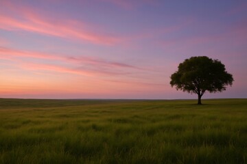 Obraz premium Tranquil scene of a lone tree silhouetted against a vibrant sunset sky over a vast grassy plain