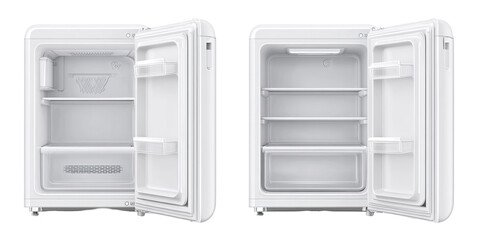 Two views of a white mini refrigerator with interior shelves.  The doors are open to show the interior compartments