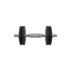 Fototapeta premium Adjustable dumbbell with black weight plates for strength training, isolated on a white background for fitness concepts.