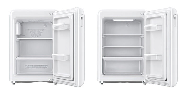 Two views of a white mini refrigerator with interior shelves.  The doors are open to show the interior compartments