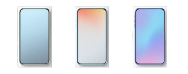 Three smartphone mockups with gradient backgrounds