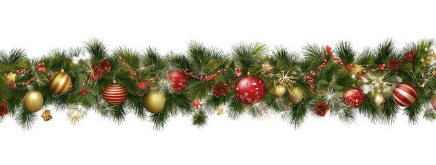 Seamless decorative christmas border with coniferous branches and garlands on transparent background, christmas lights and ornaments festival plant tree.