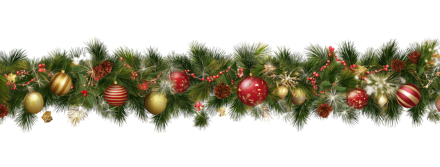 Seamless decorative christmas border with coniferous branches and garlands on transparent background, christmas lights and ornaments festival plant tree.