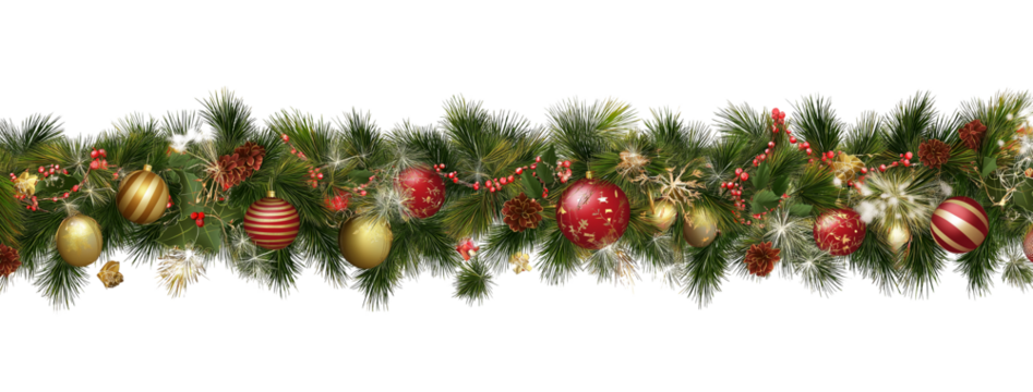 Seamless decorative christmas border with coniferous branches and garlands on transparent background, christmas lights and ornaments festival plant tree.
